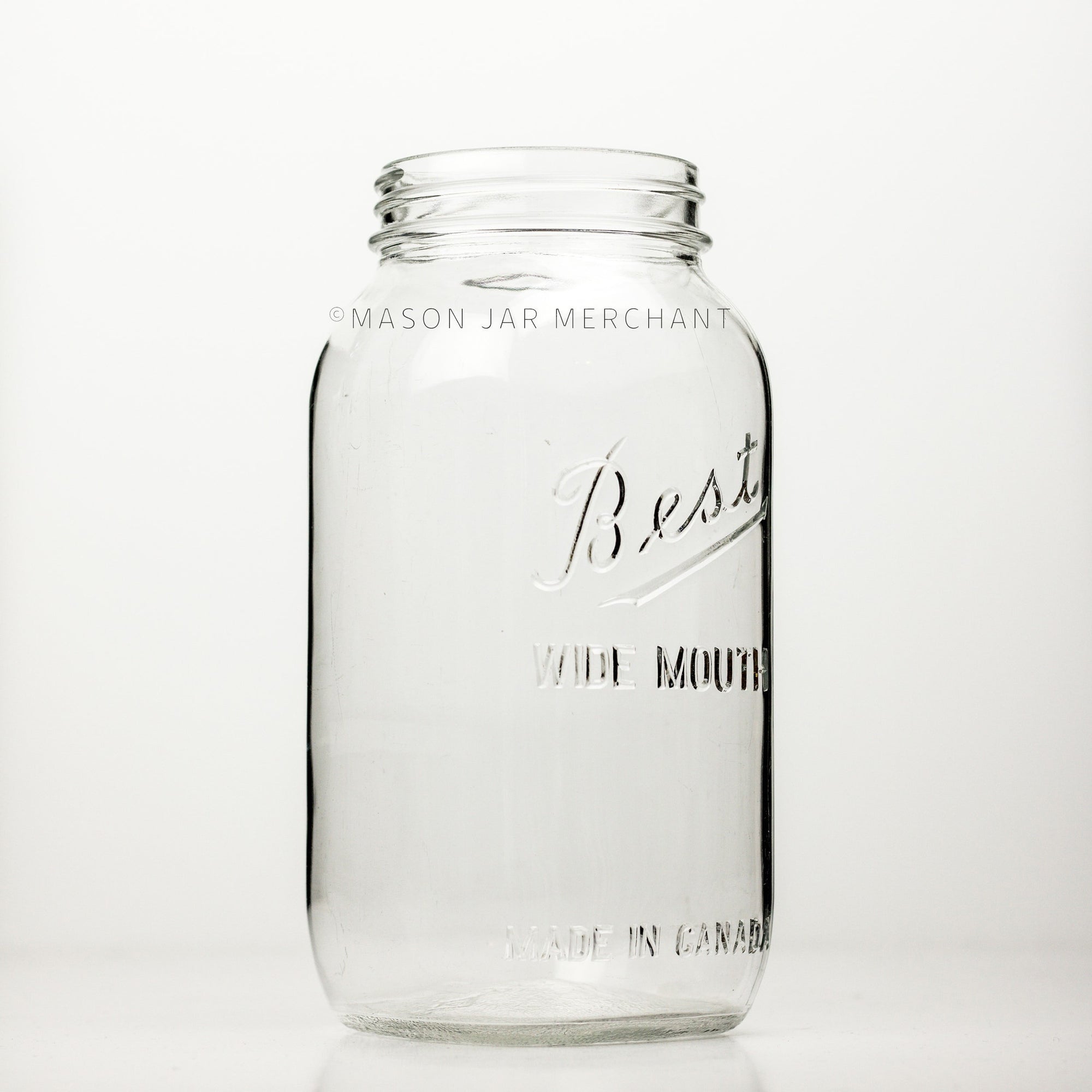 Wide mouth half-gallon mason jar with Best Wide Mouth logo , against a white background 
