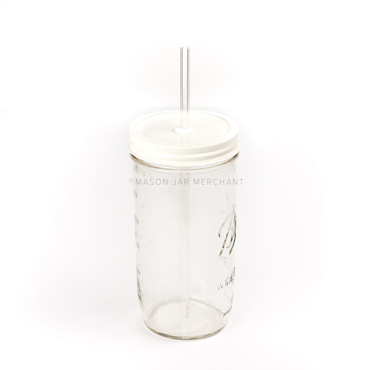 A  picture of an all white straw lid on a 24 oz reusable glass mason jar with a reusable glass straw