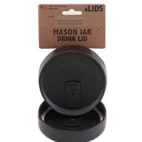 Black reusable drink lid for a mason jar against a white background