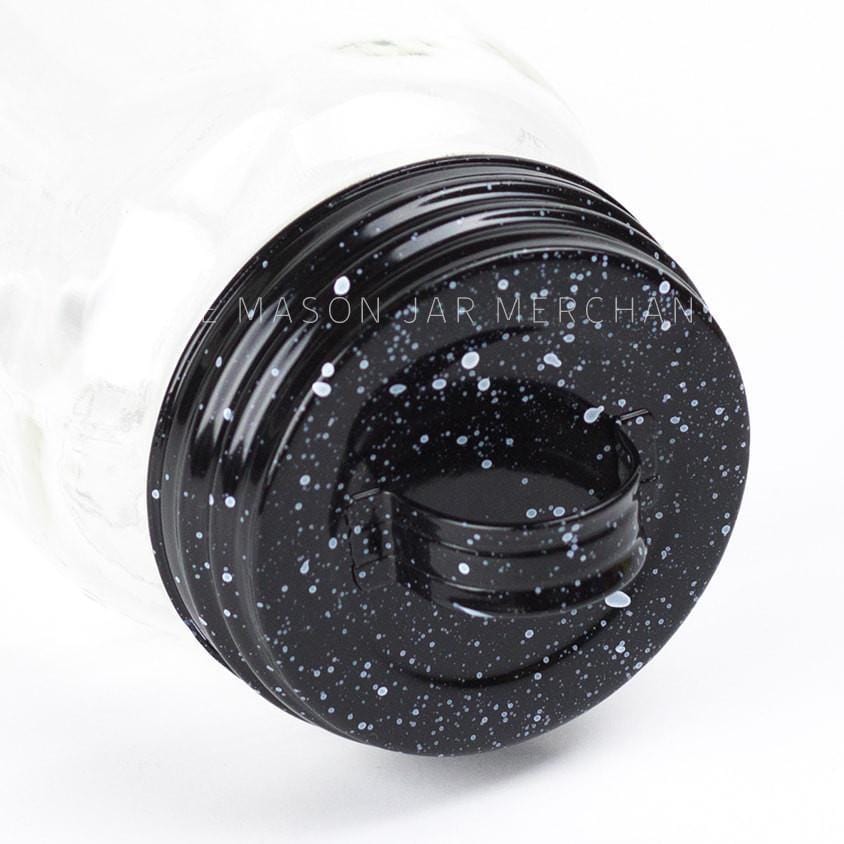Speckled Black vintage look enamel mason jar lid shown on a white background.