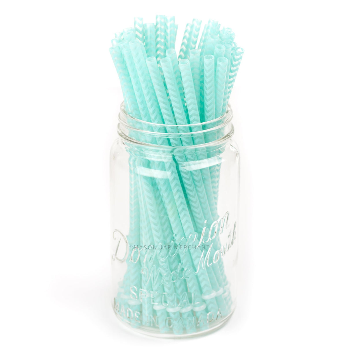 Aqua chevron patterned BPA-free reusable plastic straws in a mason jar, against a white background 