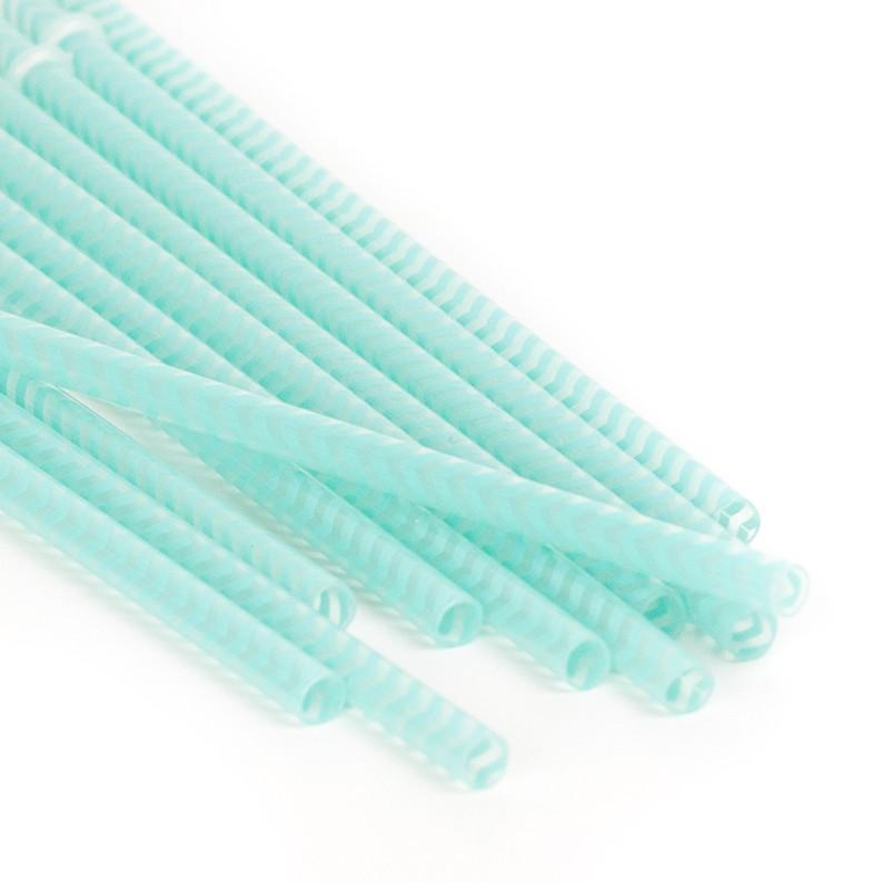 Aqua chevron patterned BPA-free reusable plastic straw against a white background 