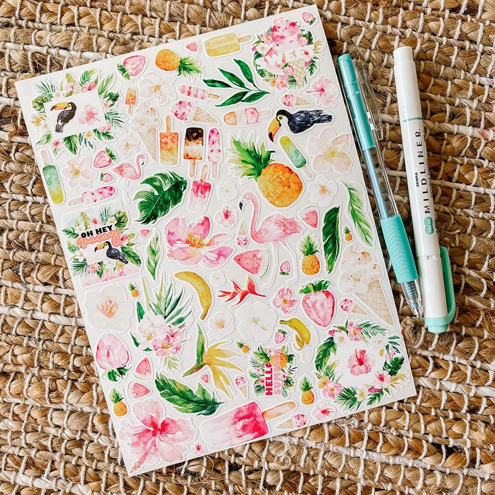 A Tropical Summer Mega Mini Waterproof Sticker Sheet with flamingos, pineapple, birds, and tropical flowers 