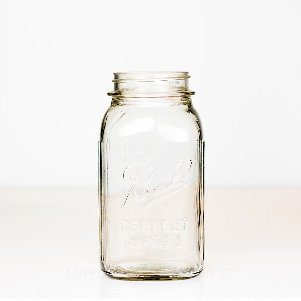 Squared Ball regular mouth mason jar with logo showing on a white background
