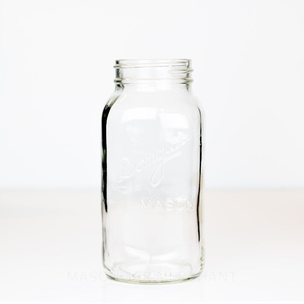 Regular mouth quart mason jar with Domglas Mason logo, on a white background