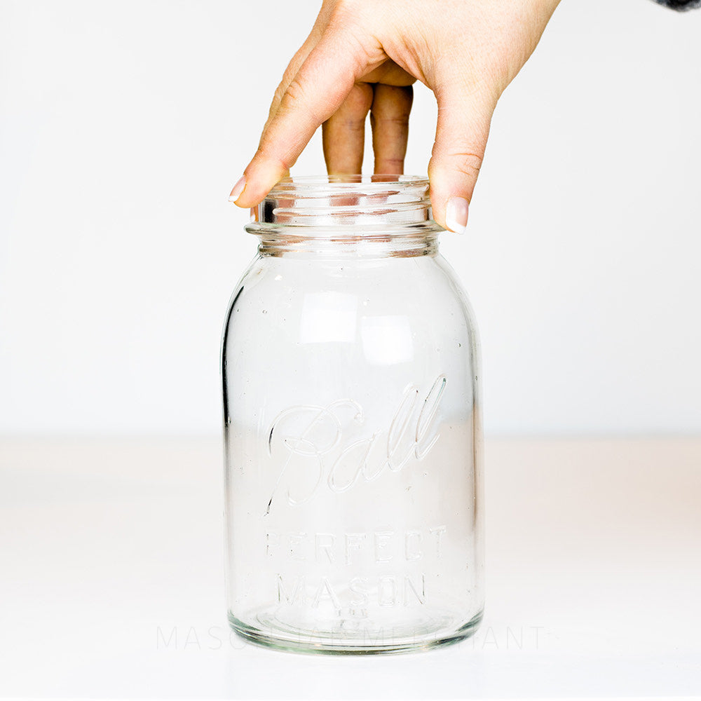 Vintage Ball regular mouth quart mason jar with Perfect Mason logo, on a white background 