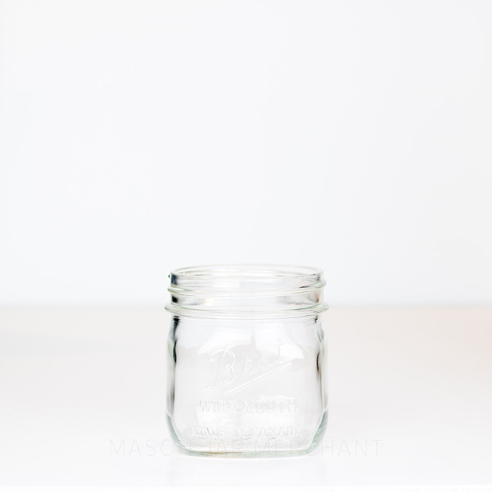 Wide mouth pint mason jar with Best wide mouth logo, against a white background 