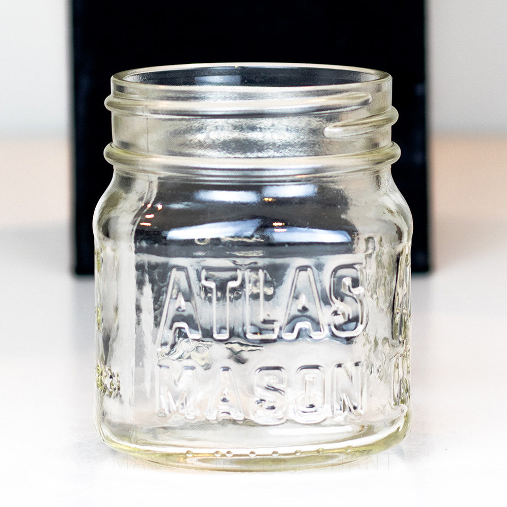 2 Matching 6.5 Tall Clear Glass Atlas Mason Jars Gold Metal Lid