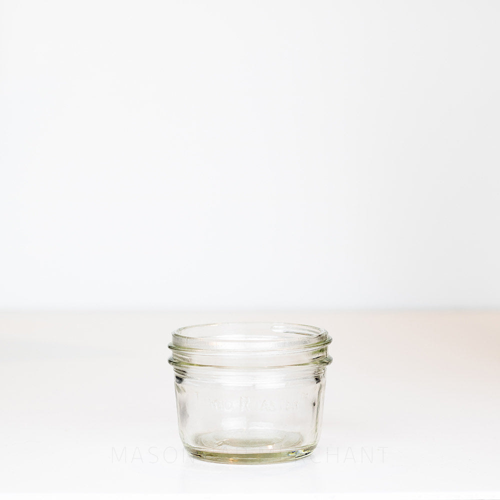plain 8 oz glass reusable mason jar with the words "Turbo Roaster" on the side
