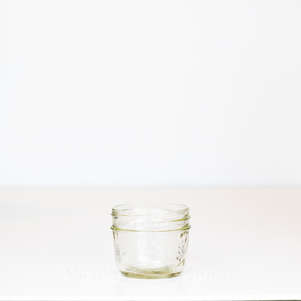 Fruity Quarter Pint - 4 oz - Regular Mouth  Mason Jar on white background