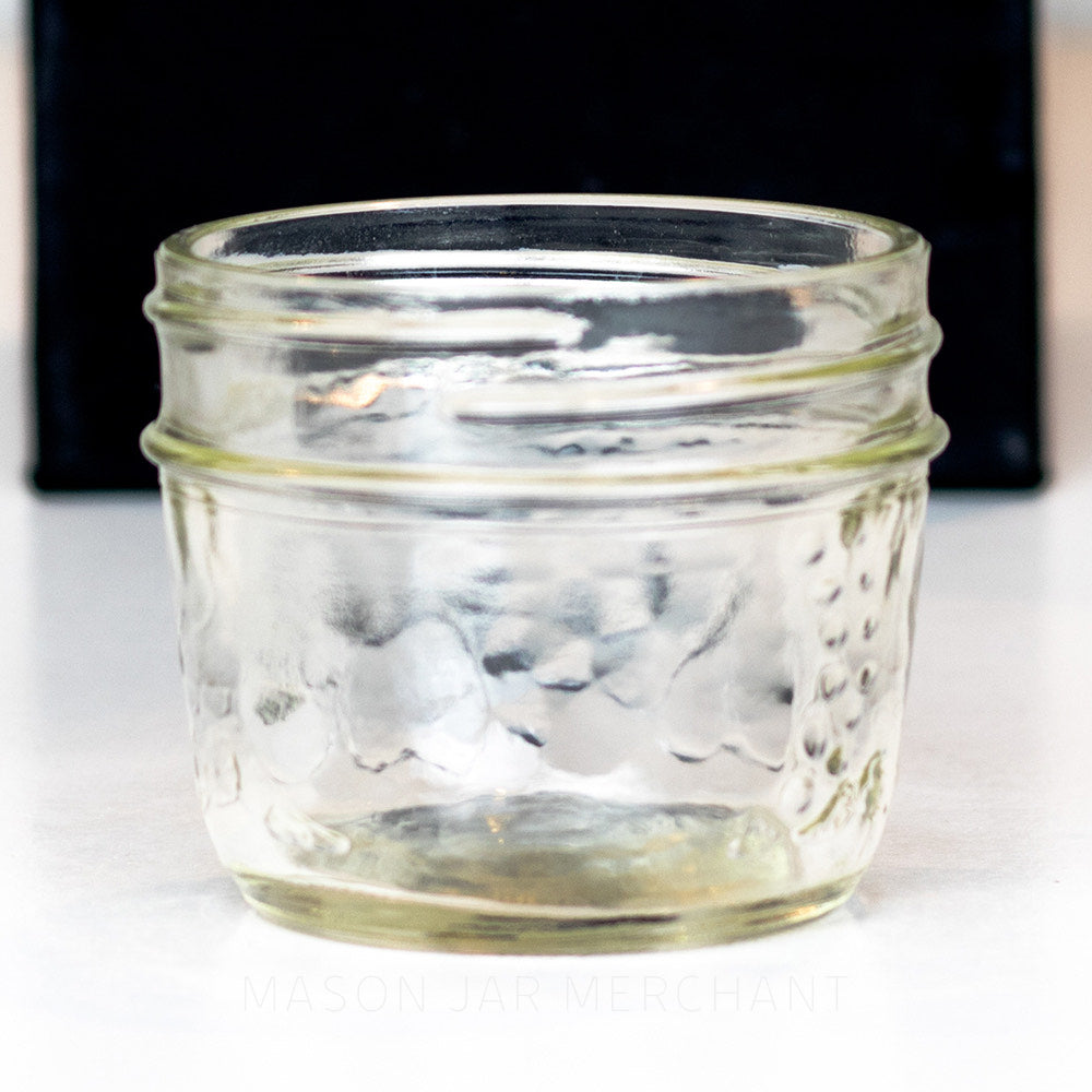 Fruity Quarter Pint - 4 oz - Regular Mouth  Mason Jar on white background