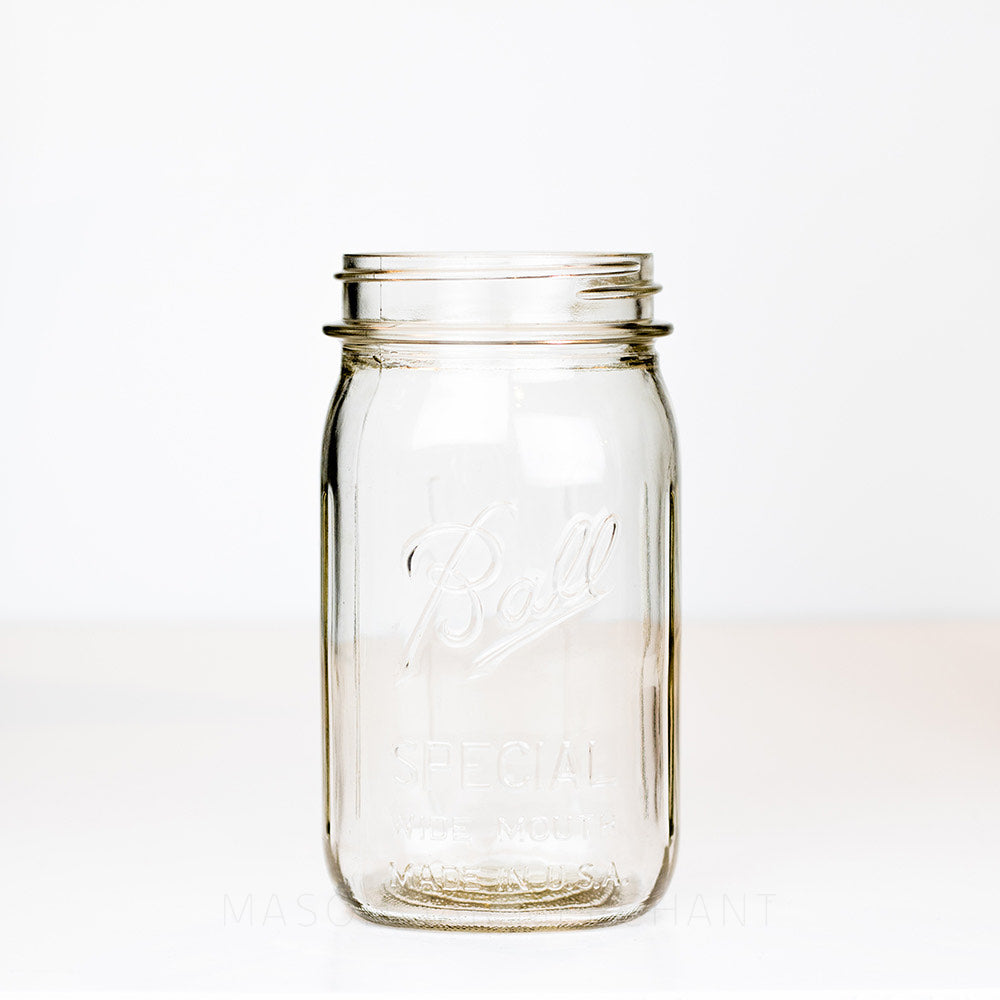 Wide mouth quart mason jar with Ball Special logo, on a white background