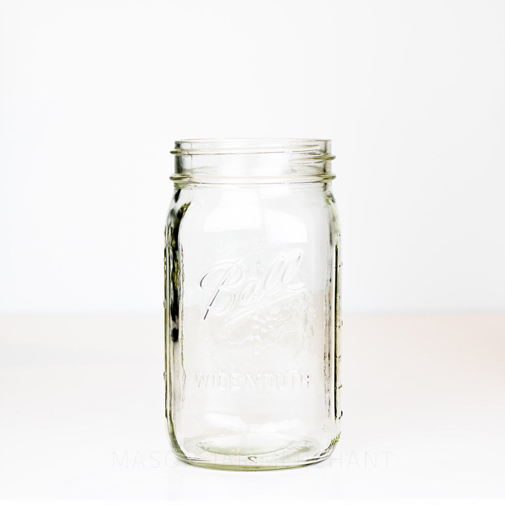 Wide mouth quart mason jar with Ball wide mouth logo on a white background