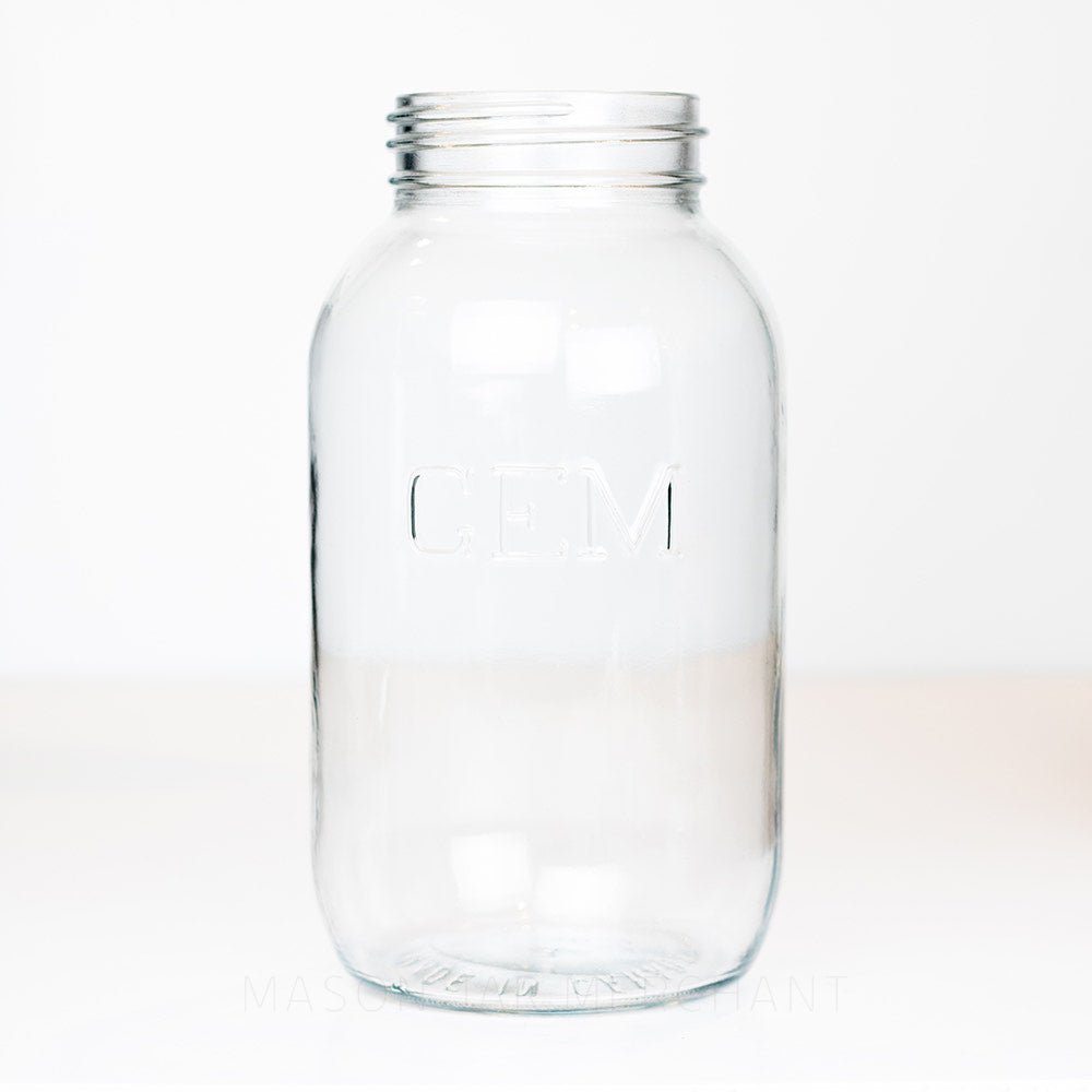 Gem mouth half gallon mason jar with a simple GEM logo, against a white background