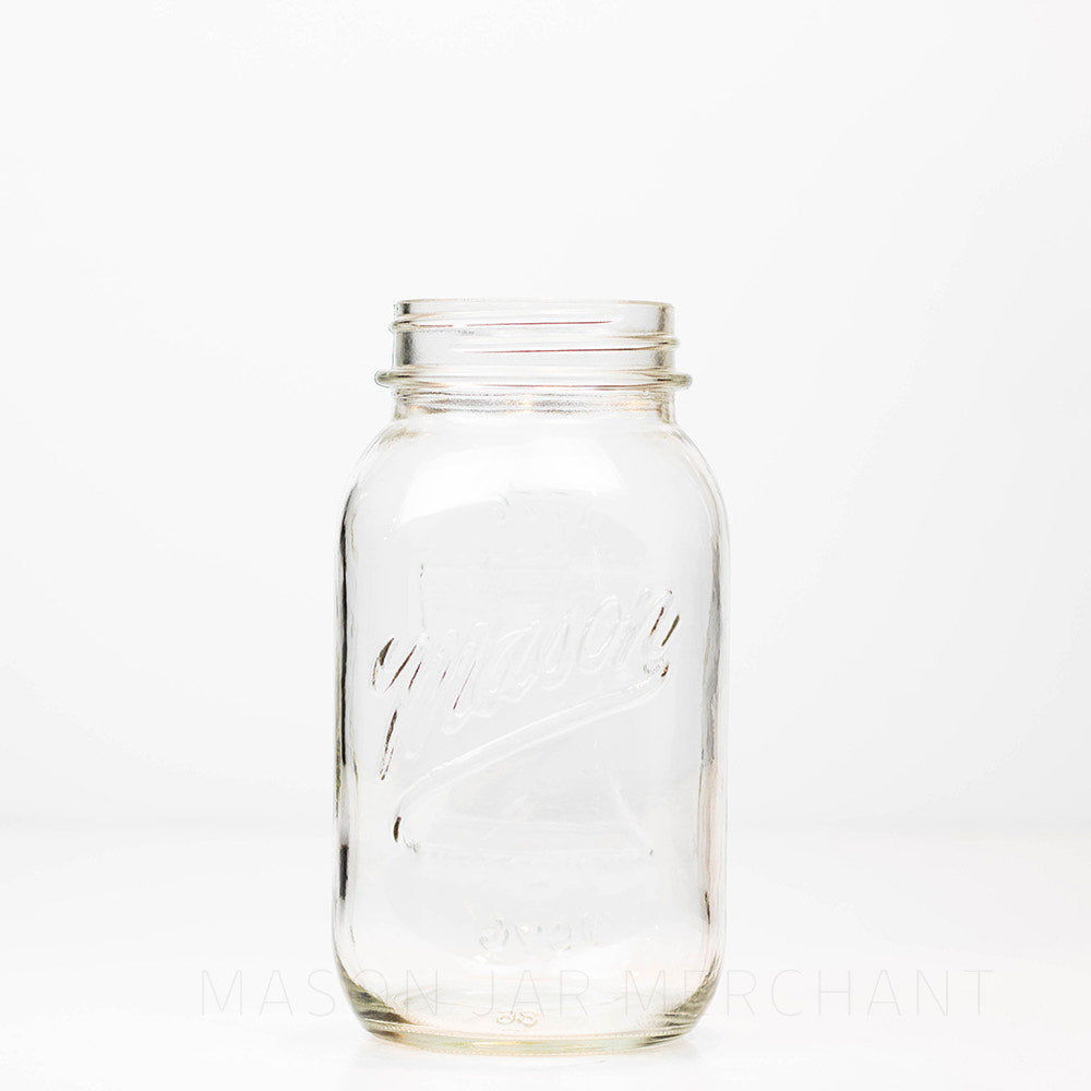 Regular mouth quart mason jar with a Mason logo against a white background