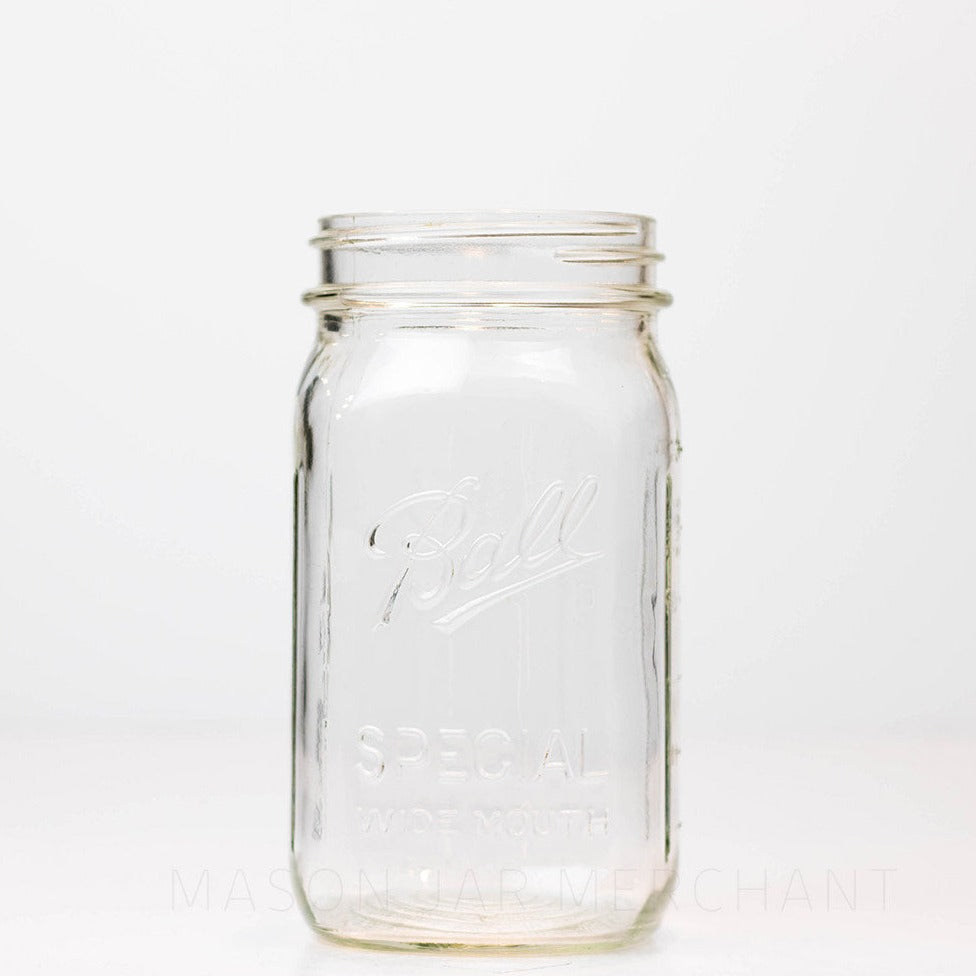 Wide mouth quart mason jar with Ball Special logo, against a white background 