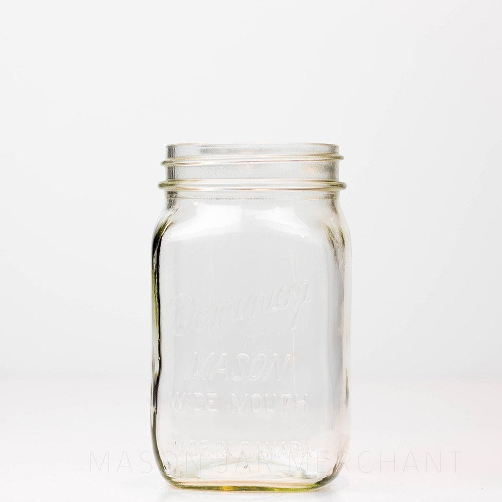 Wide mouth quart mason jar with Dominion wide mouth Mason logo, against a white background 