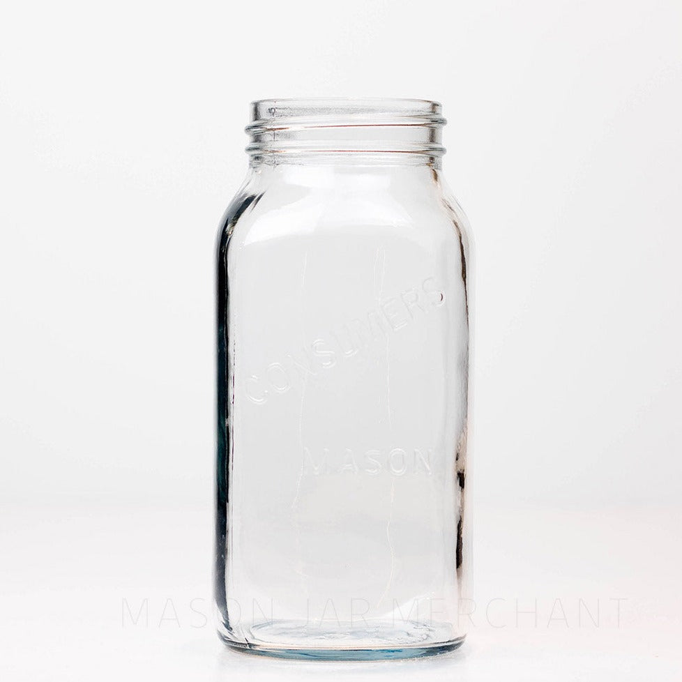Regular mouth quart mason jar with a Consumer&#39;s Mason logo against a white background 