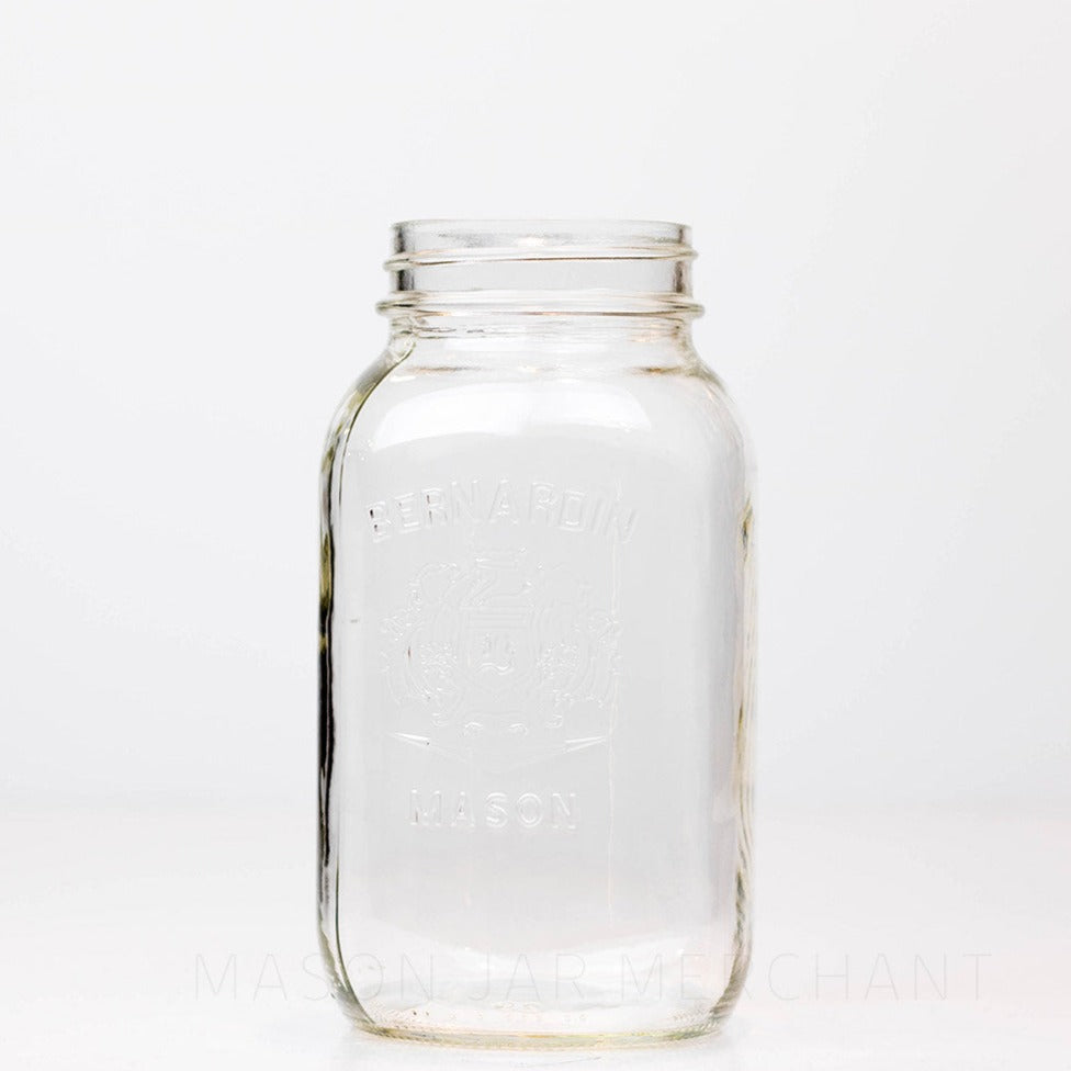 Regular mouth quart mason jar with a Bernardin shield logo, against a white background