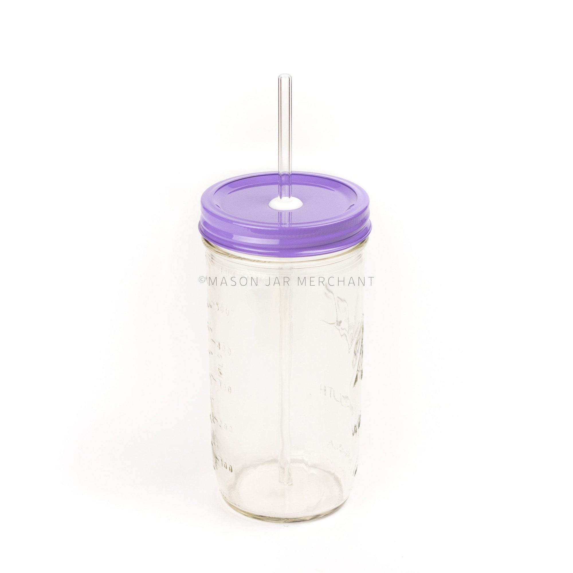 Close-up of a 24 oz mason jar with a purple custom painted lid with a white silicone grommet and a glass straw, against a white background