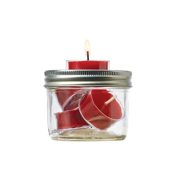 Jarware stainless steel Mason Jar Tealight holder lid attachment Shown on a regular mouth quarter pint jar on a white background.