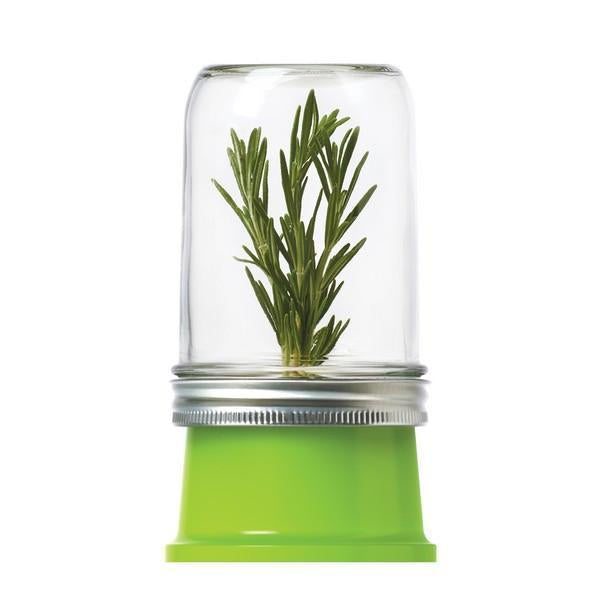 Jarware Herb Saver mason jar attachment shown on a wide mouth pint, the herb saver is holding a sprig of rosemary, they setup is shown on a white background.