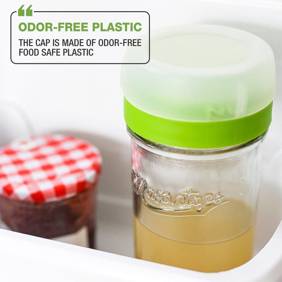 A photo of a mason jar with a label masontops in front filled with kefir. It has a text that says &quot;Odor-free Plastic&quot; The cap is made of odor-free food safe plastic.