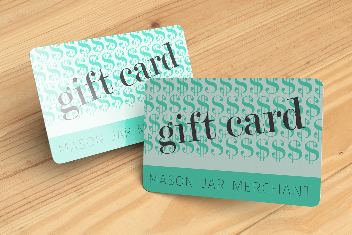 A Mason Jar Merchant Gift Card on a table