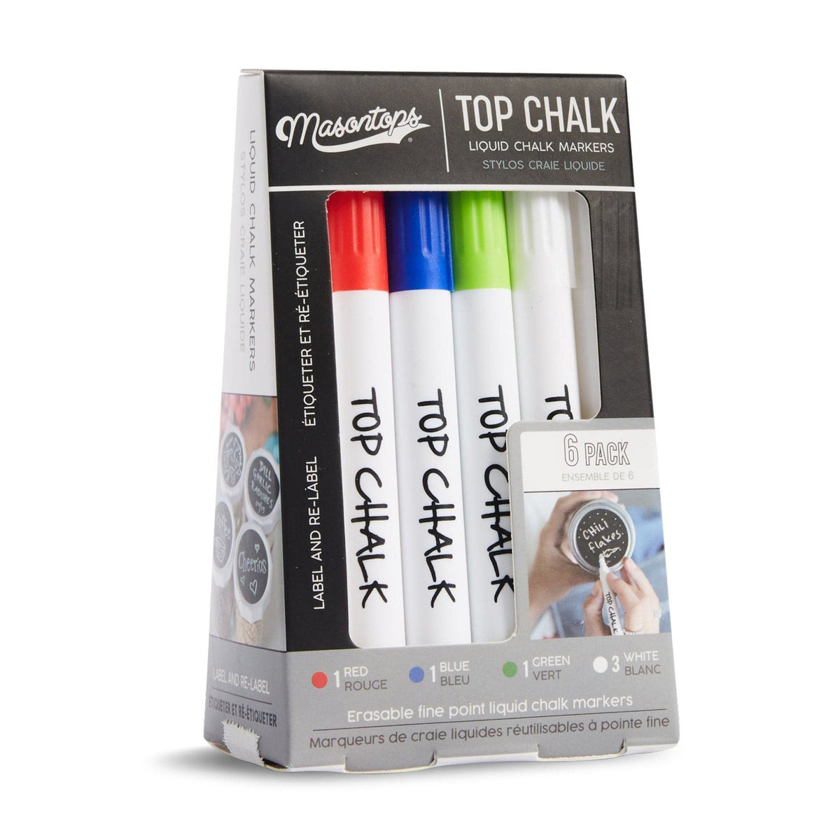 A box of  Masontops 6 pack liquid chalk markers of colors: red, blue, green, and white.  Erasable fine point liquid chalk markers.