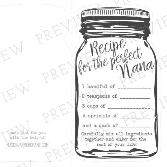 a paper with black mason jar outline and it has a &quot;recipe for the perfect Nana&quot; on the inside.
