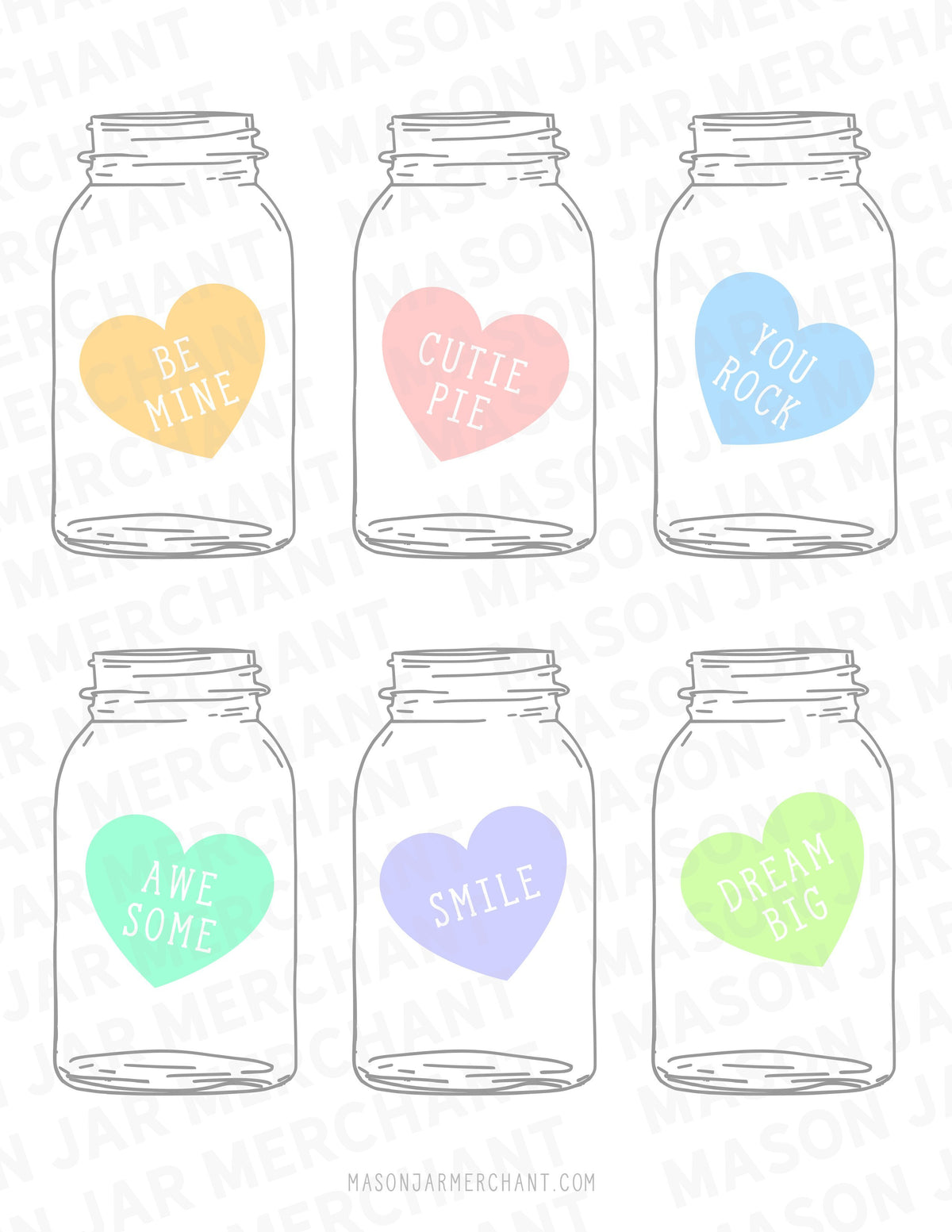 pastel candy heart mason jar shaped valentines PDF download color and cut and use as gift tags
