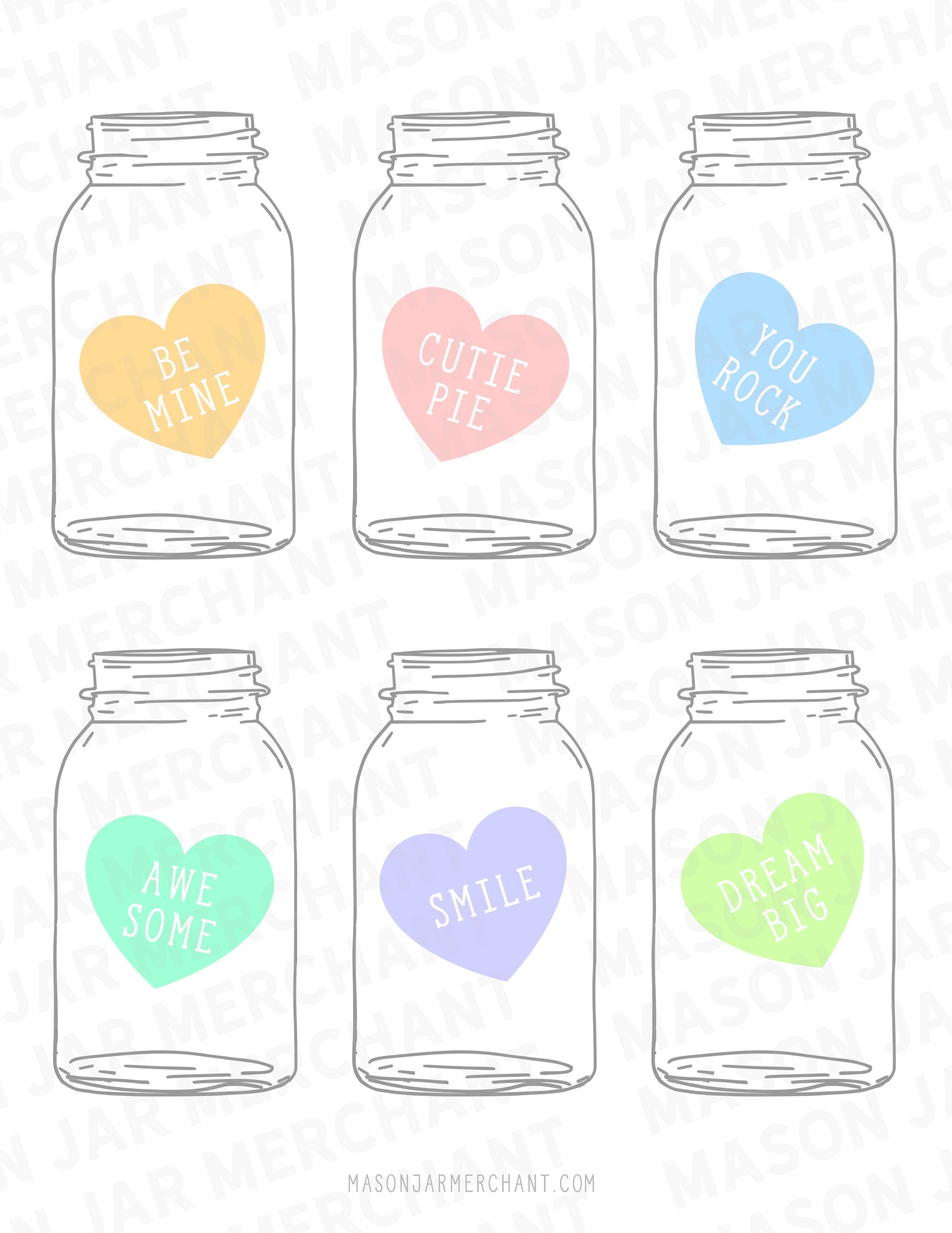 Printable Valentine Mason Jars Large Candy Hearts - All File Types