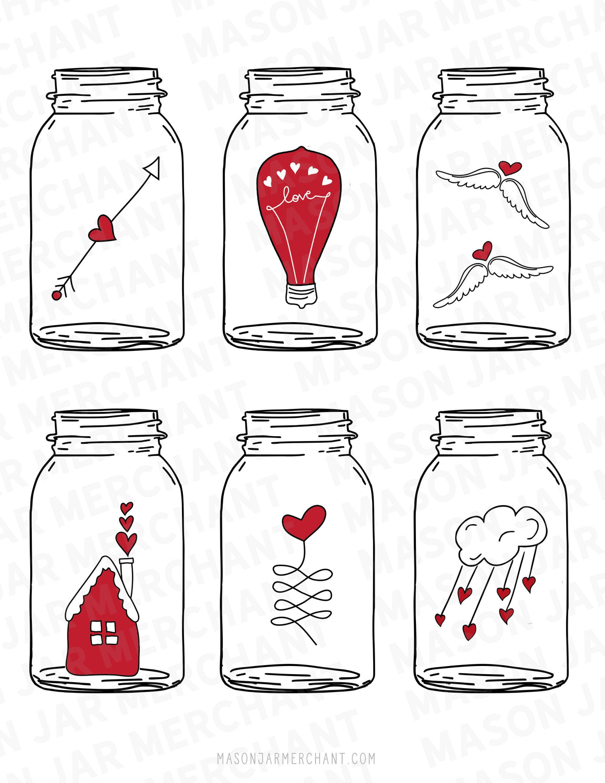 red and white mason jar shaped valentines download color and cut