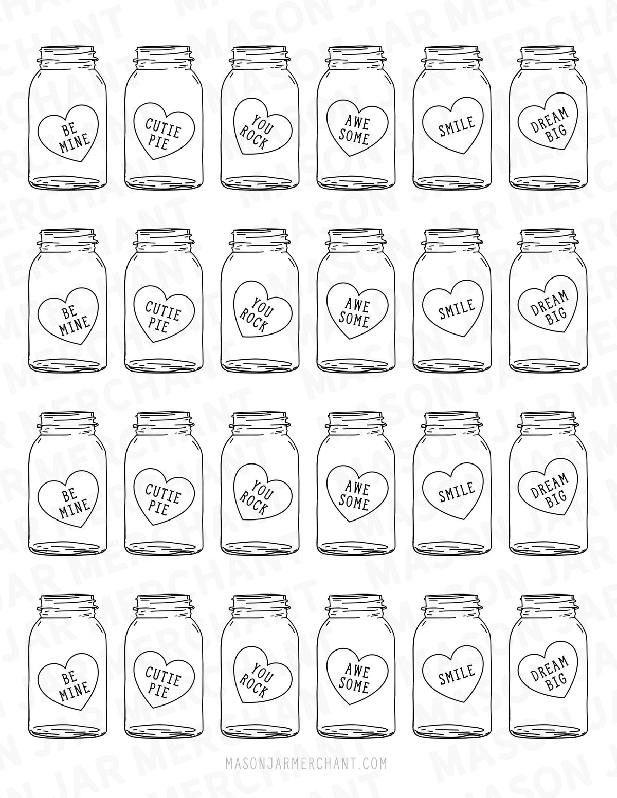 black and white candy heart mason jar shaped valentines PDF Studio3 and SVG download color and cut and use as gift tags