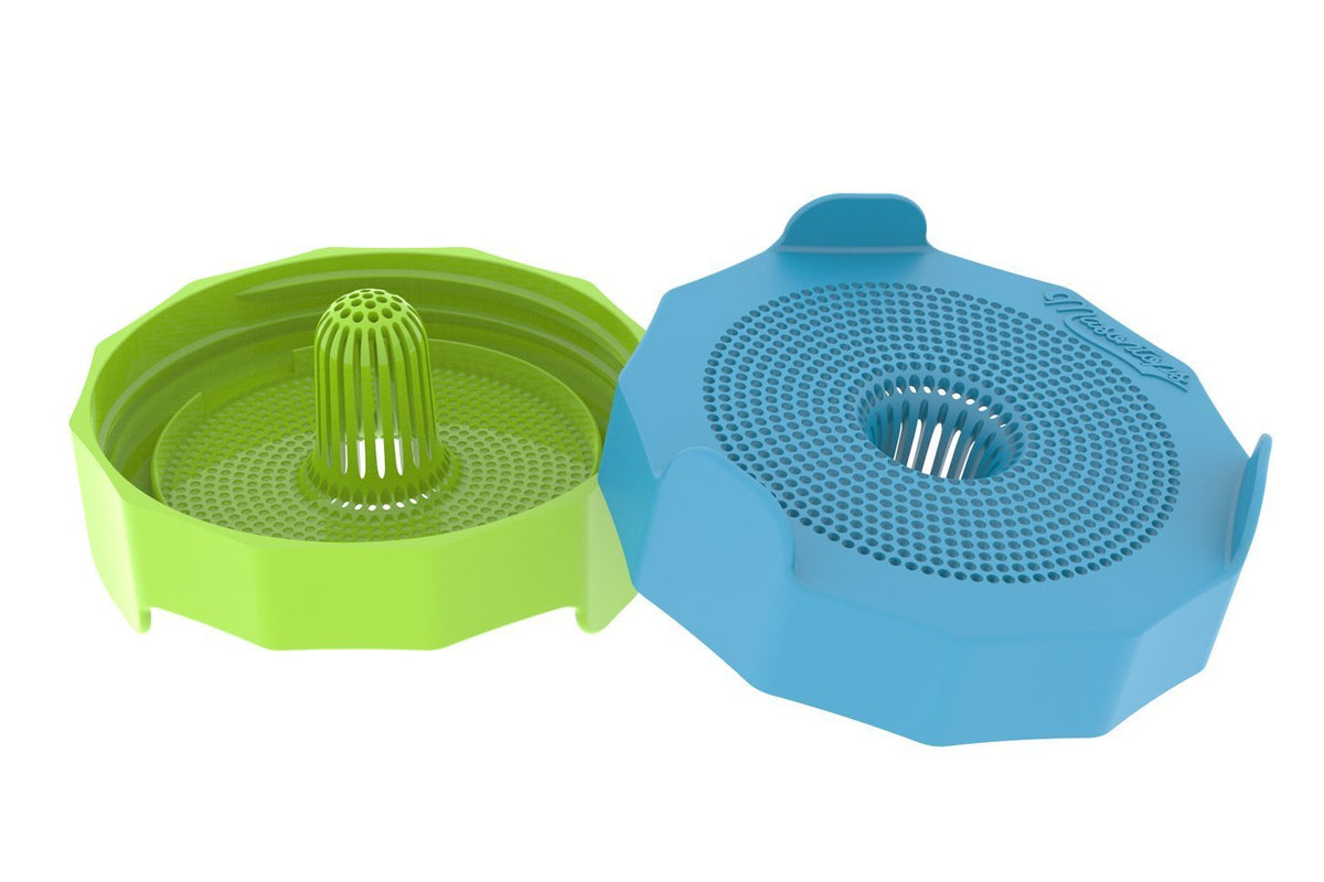 wide mouth green lid and wide mouth blue lid. Both lids are plastic strainers