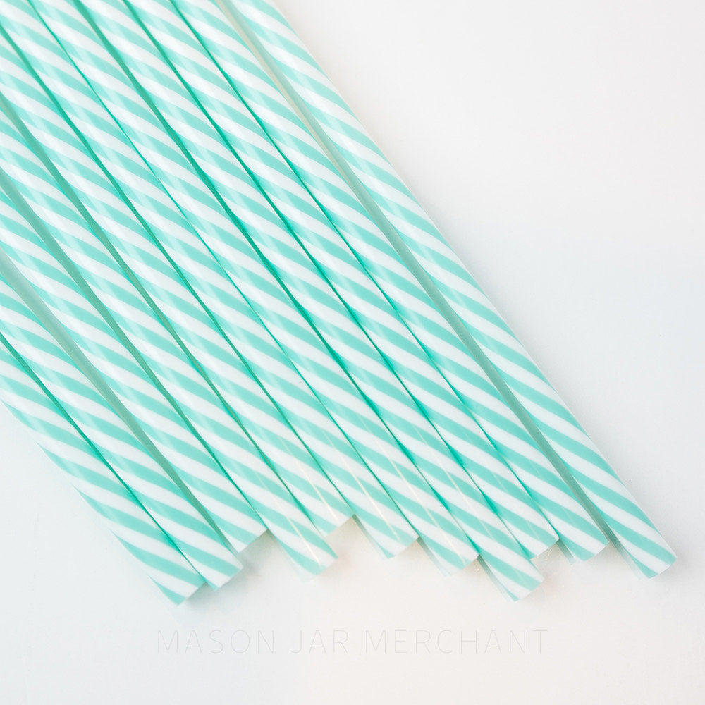 Aqua and white striped patterned BPA-free reusable plastic straw against a white background