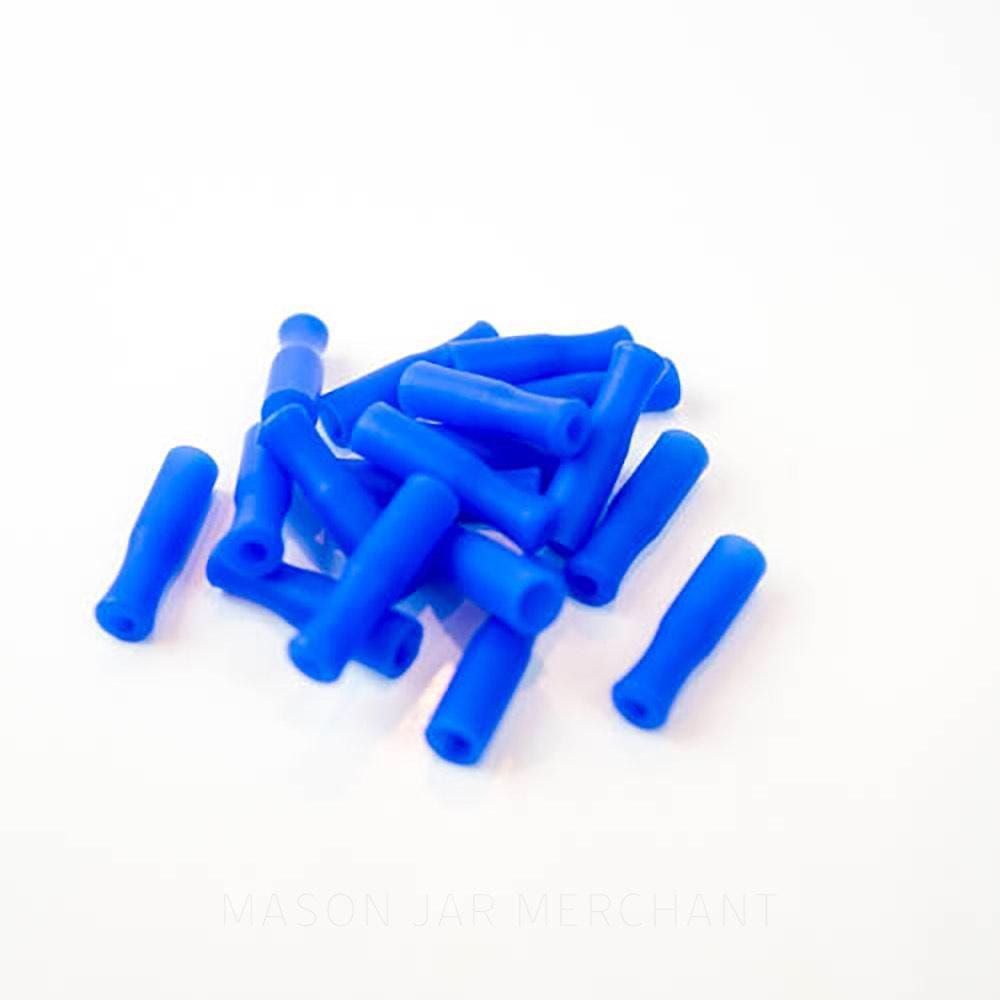 Blue silicone straw tips for stainless steel straws, set against a white background.