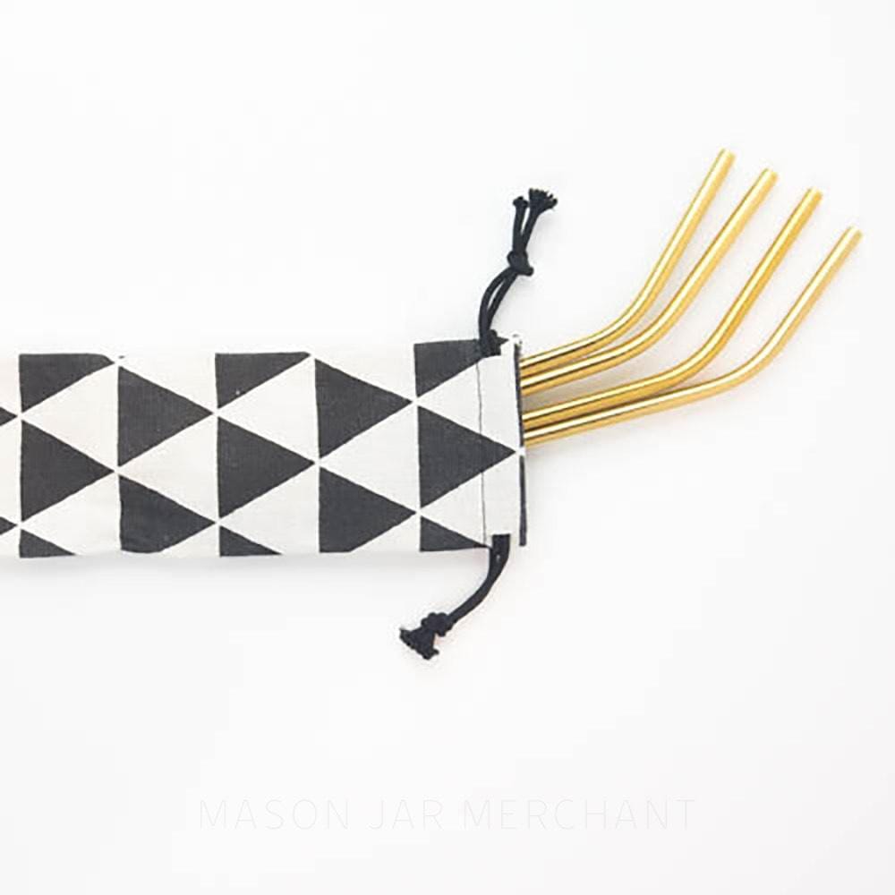 Triangle Print Reusable Straw Drawstring Bag with four gold stainless bent straw