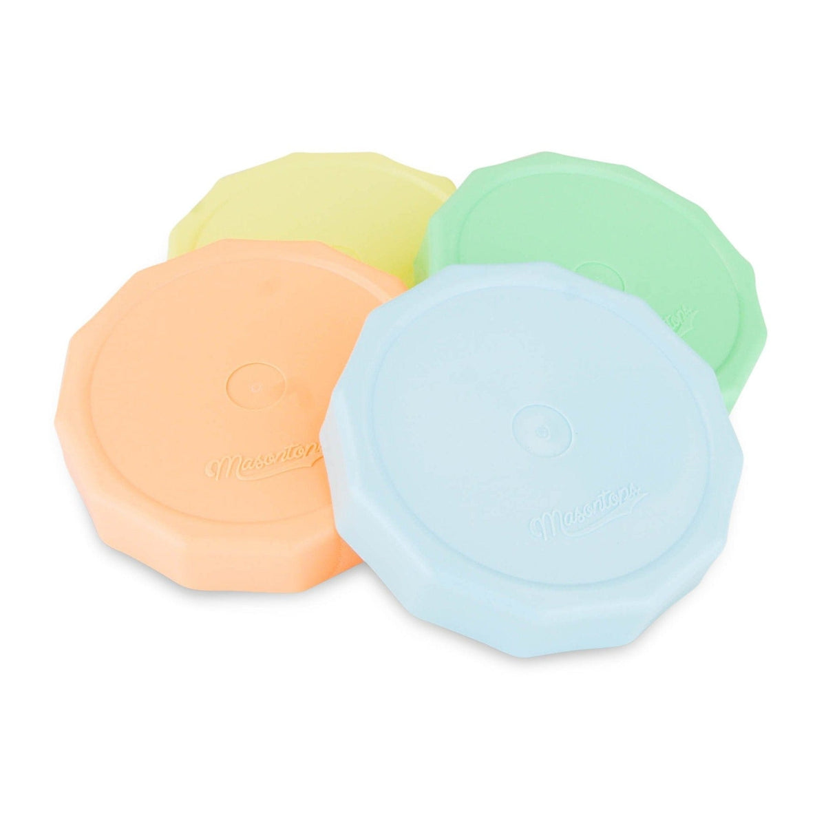Photo of the Tough Tops Solid Lid in green, blue, orange and yellow. Photographed against a white background.