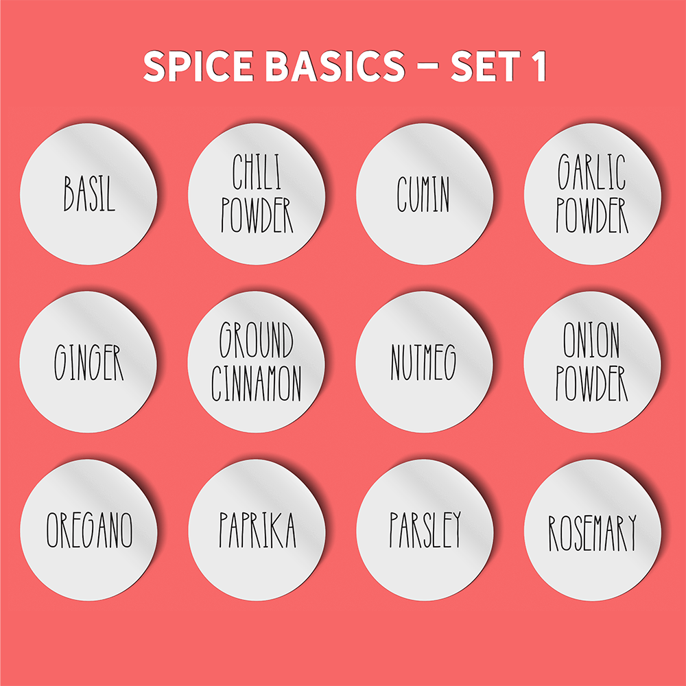 set of 12 spice labels for basic spices in a thin black rae dunn inspired font on a white background for regular mouth mason jars