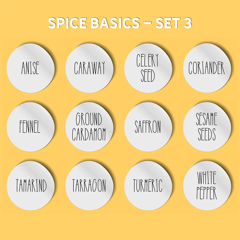 set of 12 spice labels for basic spices in a thin black rae dunn inspired font on a white background for wide mouth mason jars
