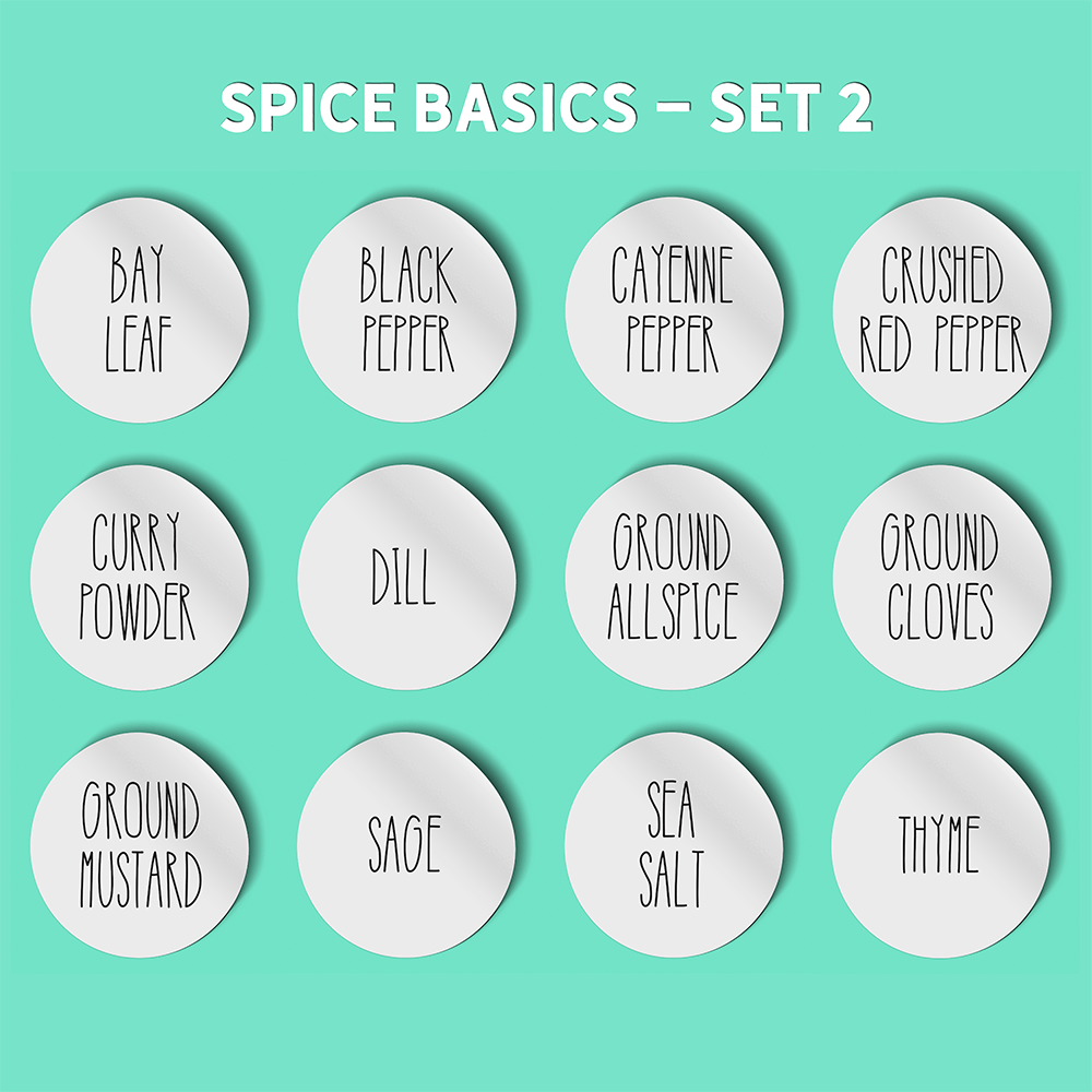 set of 12 spice labels for basic spices in a thin black rae dunn inspired font on a white background for wide mouth mason jars