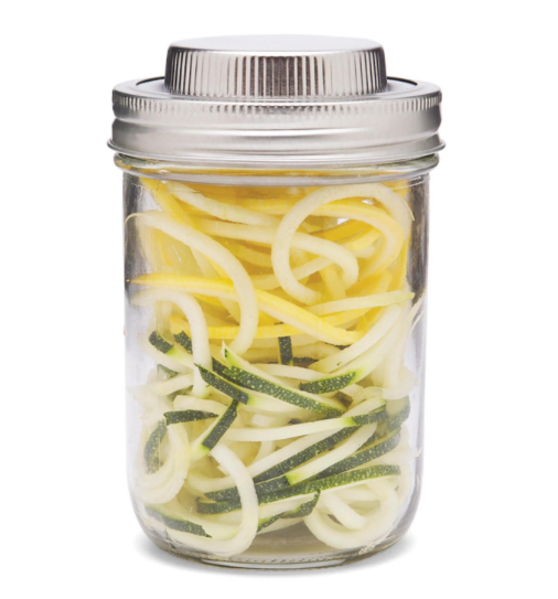 16 oz reusable glass mason jar with a stainless steel spiralizer lid