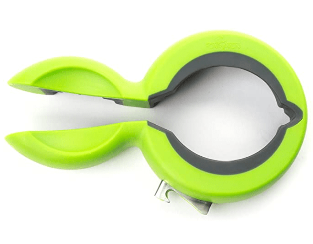 close up of a green and grey 3 in 1 jar bottle opener