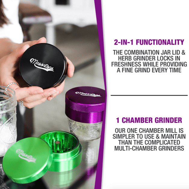 close up of 2 in 1 mason jar herb grinder lids in black, green, and purple with product descriptions on the side of photo.