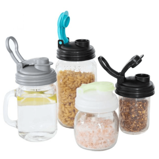 Four different sizes and kinds of glass reusable mason jars with reCAP easy pour spout wide mouth mason jar lids. In the colours grey, black, teal and white on a white background