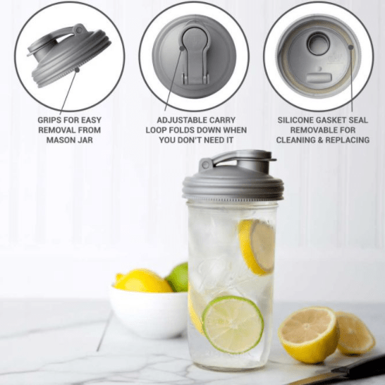 Four different sizes and kinds of glass reusable mason jars with reCAP easy pour spout regular mouth mason jar lids. In the colours grey, black, teal and white on a white background