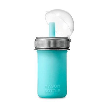 close up of an aqua silicone baby bottle with a grey plastic ring and a rubber bottle top on a white background