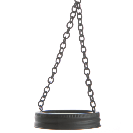 Grey Rustic Candle Lantern Hanging Mason Jar Lid attached on a chain against a white background.