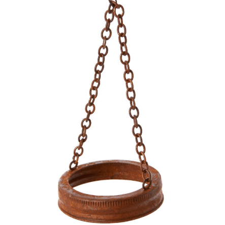 Rusty Rustic Candle Lantern Hanging Mason Jar Lid attached on a chain against a white background.